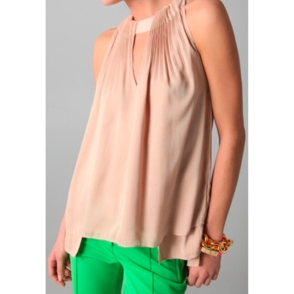 Diane von Furstenberg Isaye Tan Pleated Silk Blend Sleeveless Blouse Top‎ Size 6